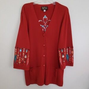 Bob Mackie Wearable Art Cardigan Sweater XL Rust Red‎ Beaded Feather Boho Jacket